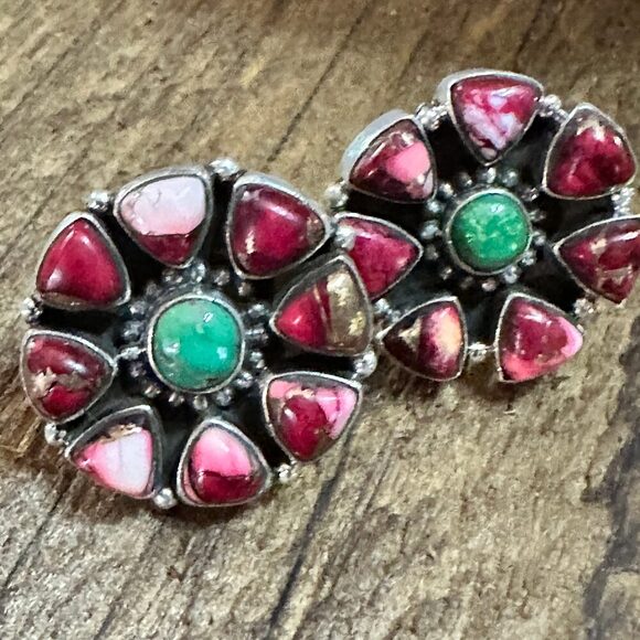 Handmade Sterling Silver Red Rose Dahlia With Emerald Valley, Post Earrings, Si - Picture 7 of 10